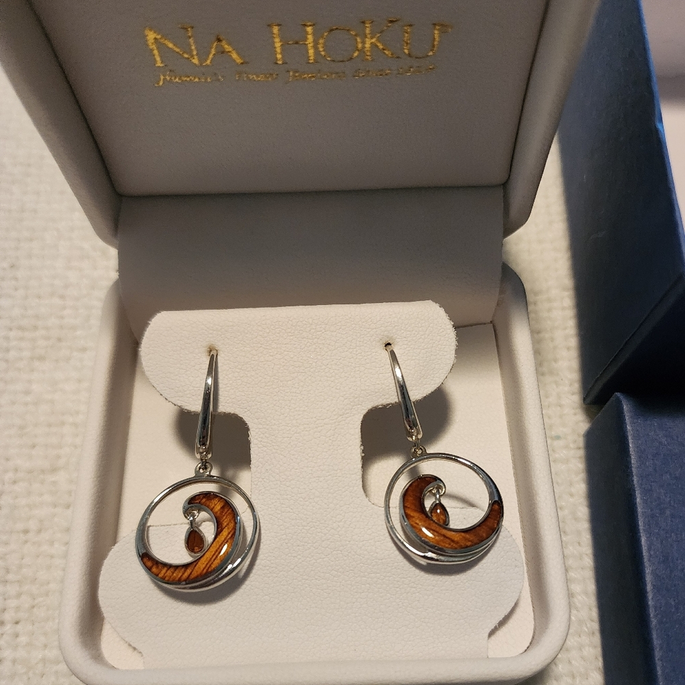 Na Hoku Sterling Silver Wave Koa Wood Earrings